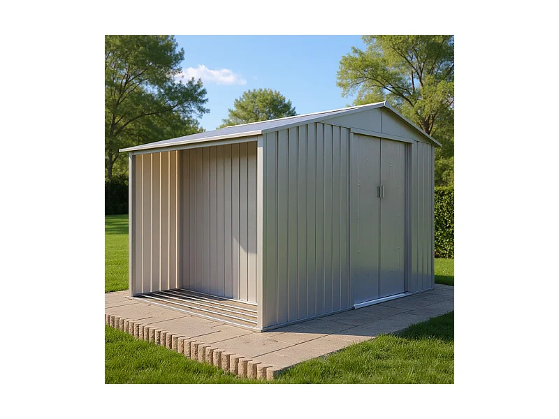 Casetta da giardino in metallo con portalegna integrato – Effetto Legno Invecchiato - 5,3 m²