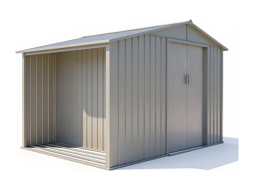 Casetta da giardino in metallo con portalegna integrato – Effetto Legno Invecchiato - 5,3 m²