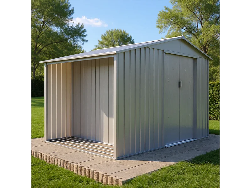 Casetta da giardino in metallo con portalegna integrato – Effetto Legno Invecchiato - 5,3 m²