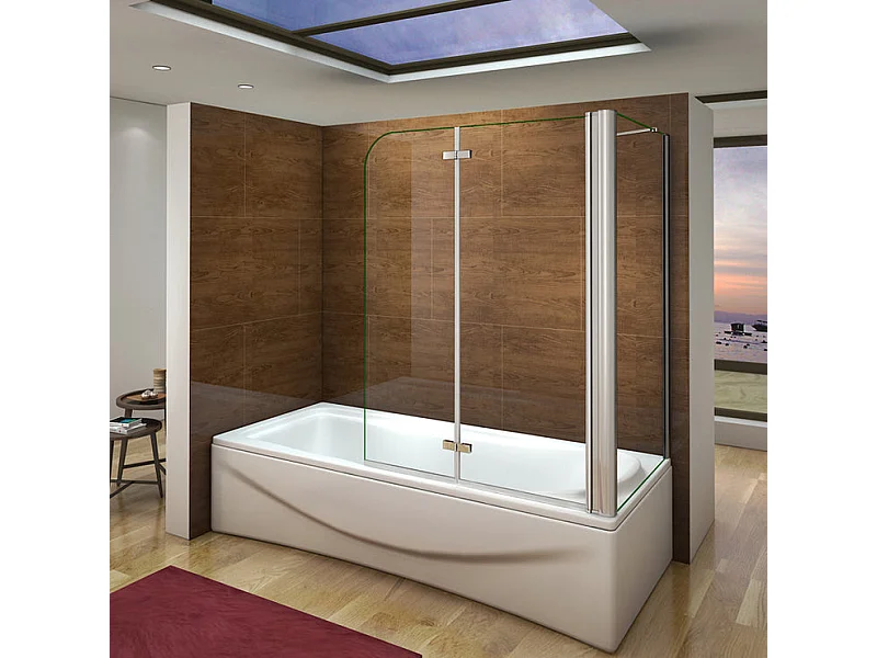 Pare-baignoire pivotant et pliant 100x140cm avec paroi fixe 70x140cm, paroi de baignoire en 6mm verre de sécurité