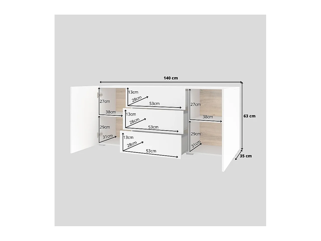Buffet 140cm coleção EVA com 2 portas e 3 gavetas. Cor branco e carvalho.