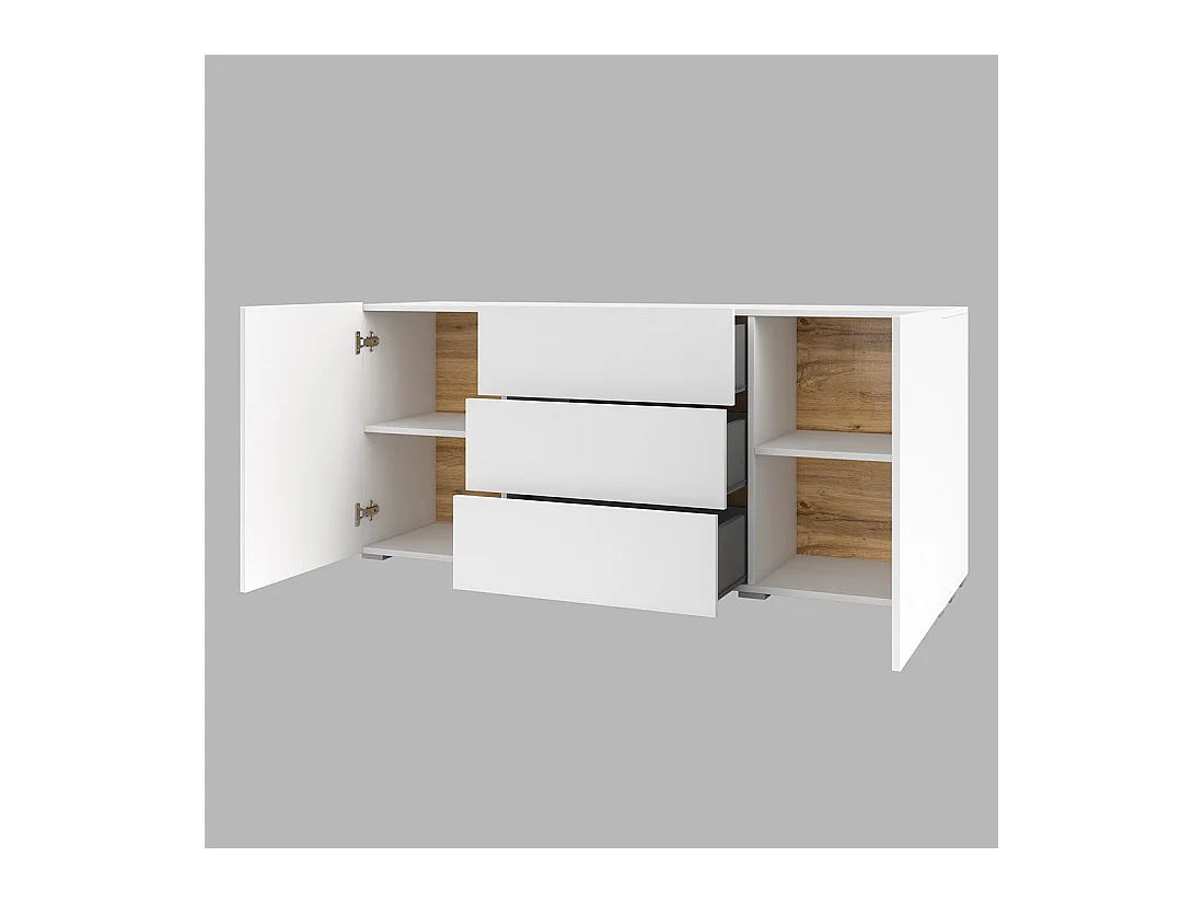 Buffet 140cm coleção EVA com 2 portas e 3 gavetas. Cor branco e carvalho.