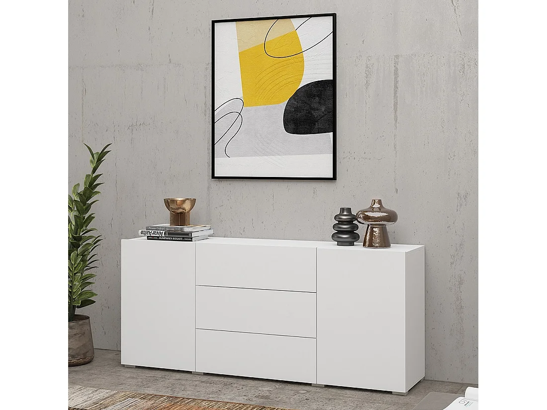 Buffet 140cm, Kollektion EVA, 2 Türen und 3 Schubladen. Farbe Weiß und Eiche.