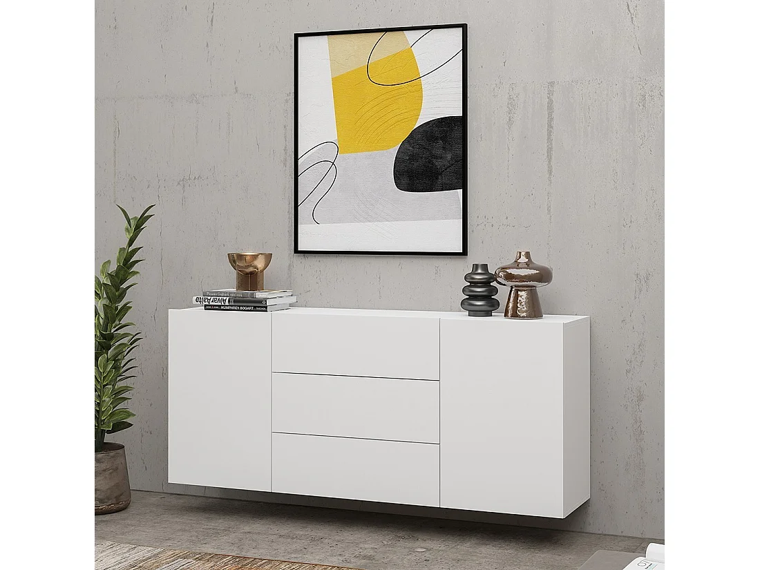 Buffet 140cm, Kollektion EVA, 2 Türen und 3 Schubladen. Farbe Weiß und Eiche.