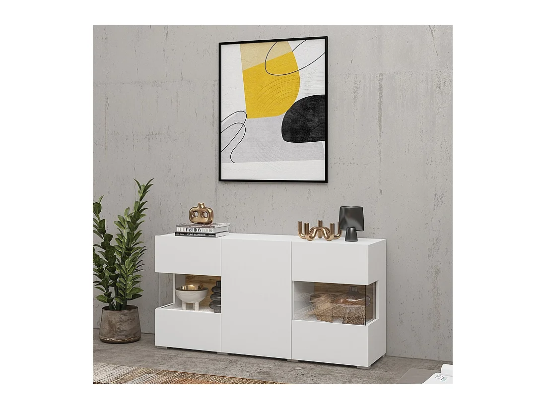 Sideboard 120cm Kollektion EVA mit 3 Türen. Farbe Weiß und Eiche.