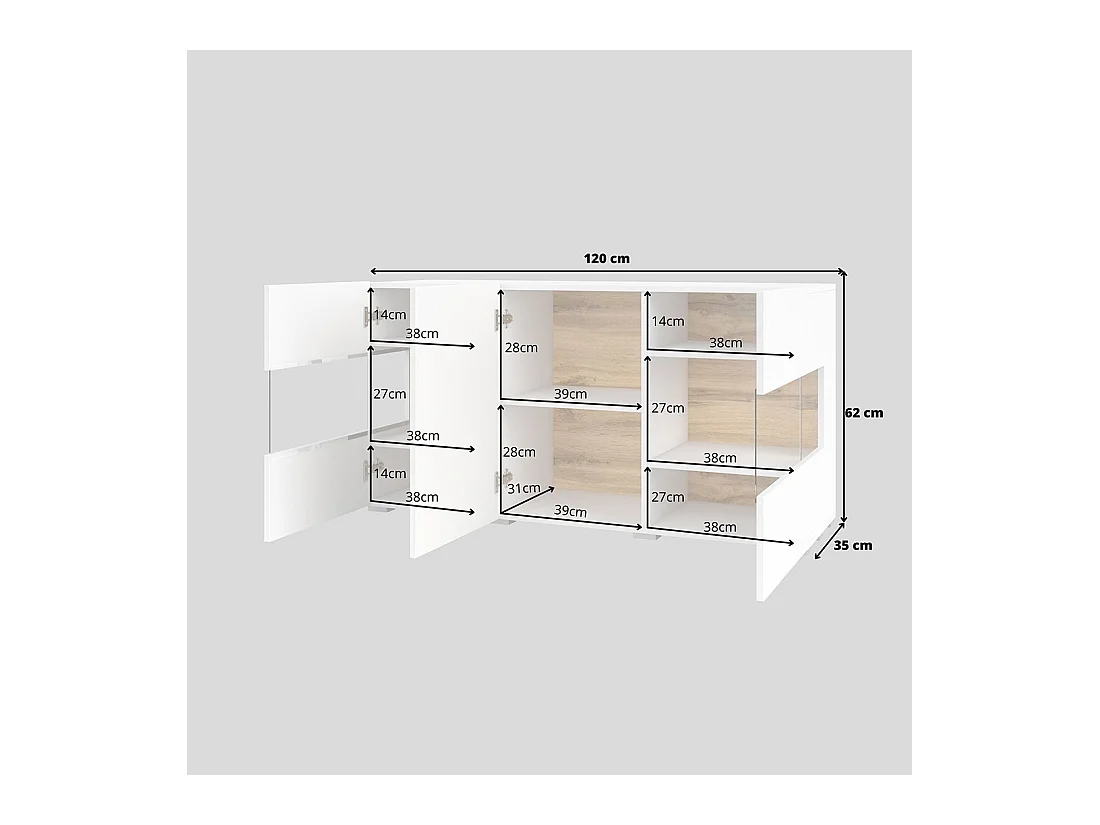 Sideboard 120cm Kollektion EVA mit 3 Türen. Farbe Weiß und Eiche.