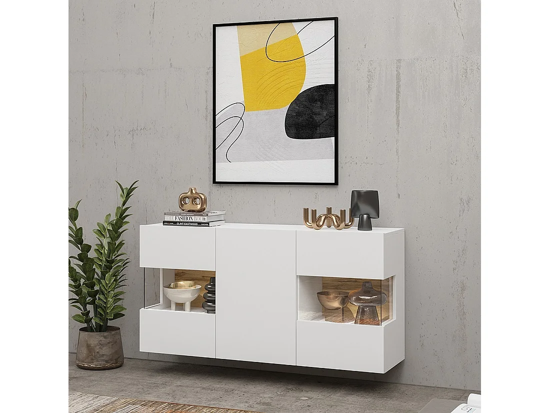 Sideboard 120cm Kollektion EVA mit 3 Türen. Farbe Weiß und Eiche.
