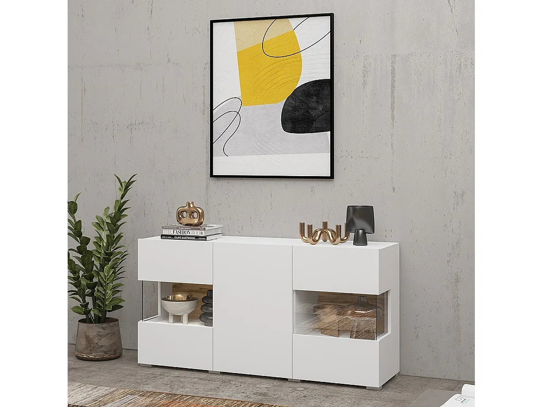 Buffet 120cm collection EVA 3 portes. Couleur blanc et chêne.