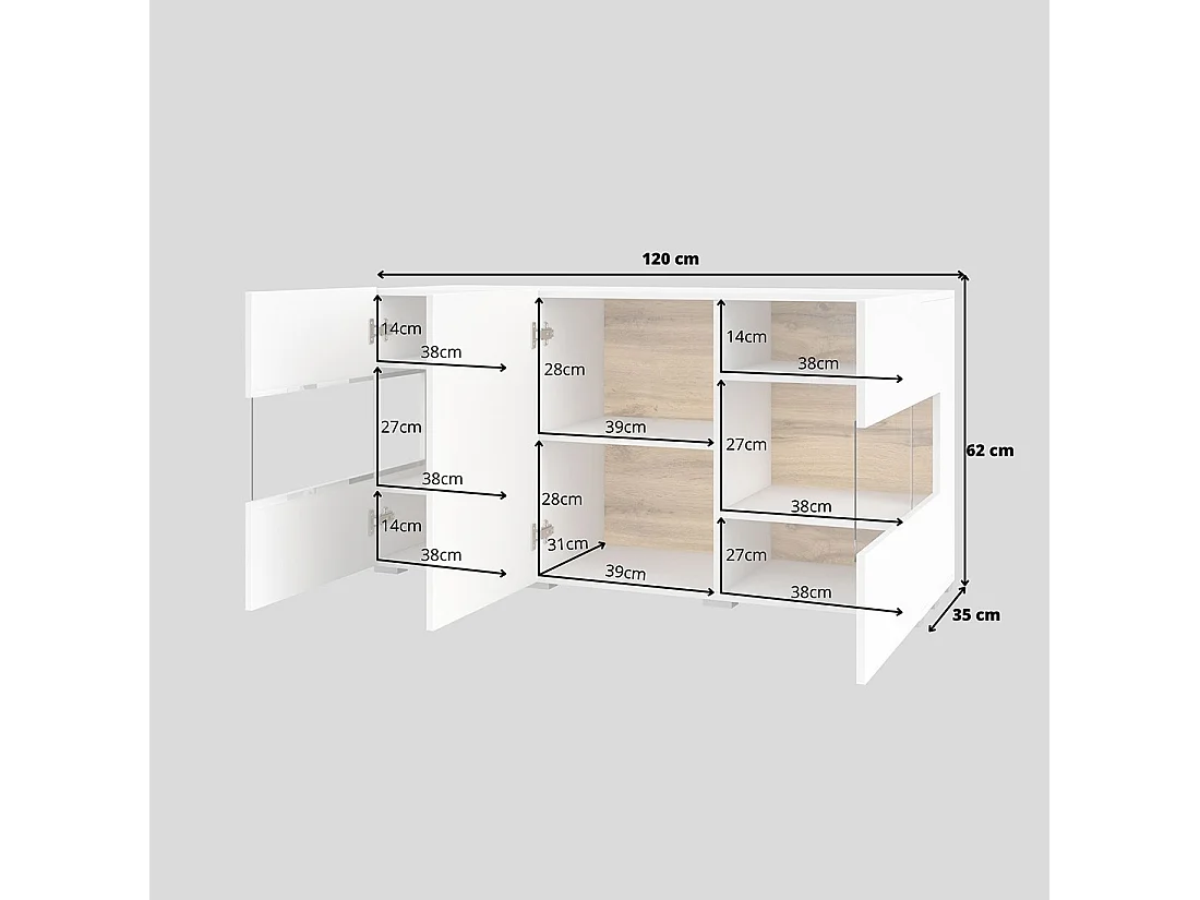 Buffet 120cm collection EVA 3 portes. Couleur blanc et chêne.