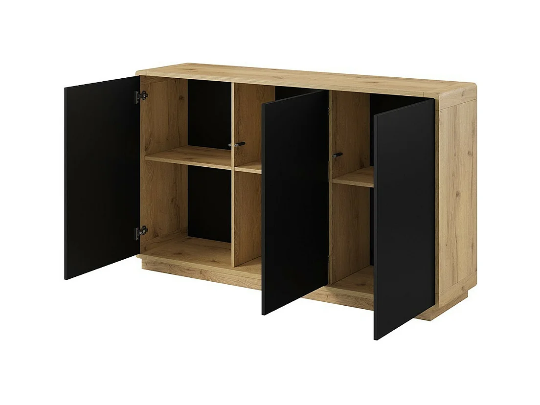 Sideboard mit 3 Türen, Kollektion VILLA. Farbe Eiche und Mattschwarz.