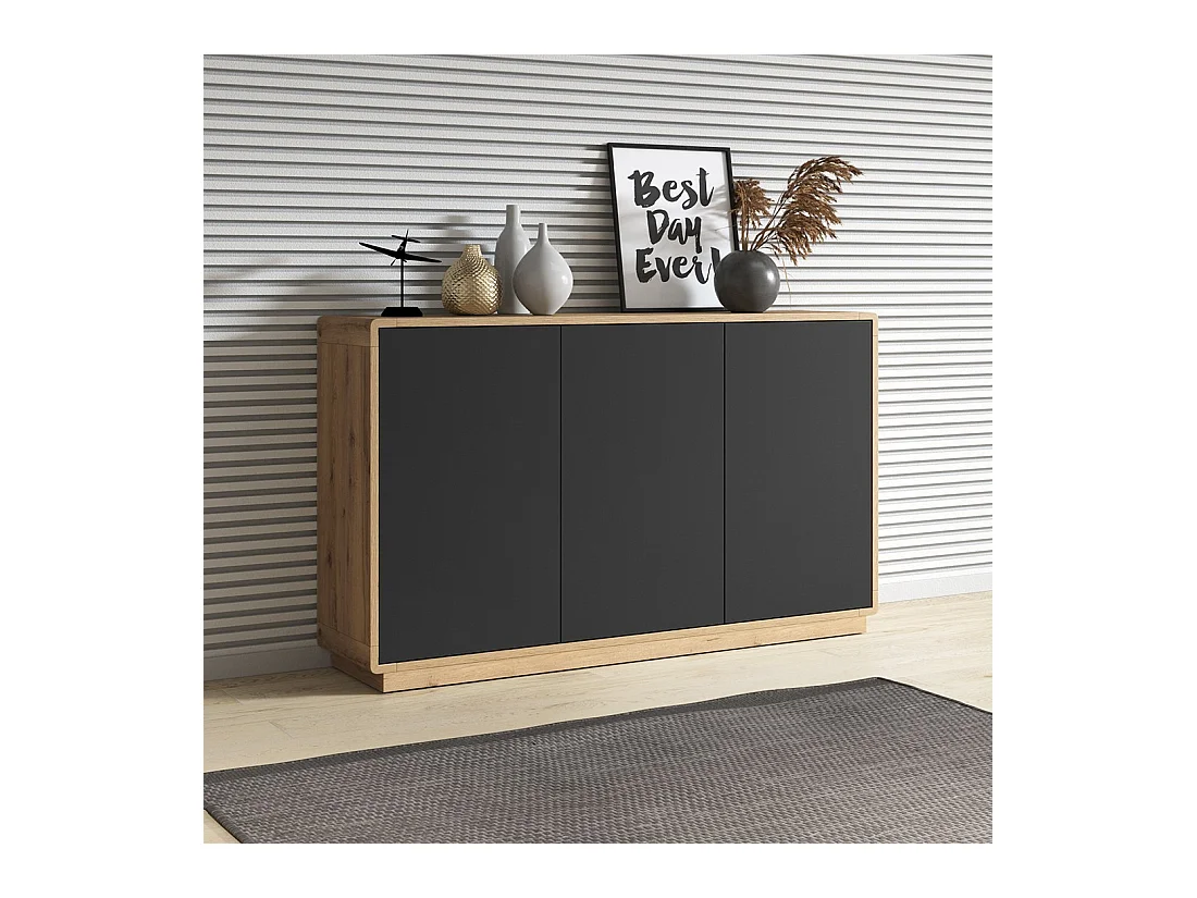 Sideboard mit 3 Türen, Kollektion VILLA. Farbe Eiche und Mattschwarz.