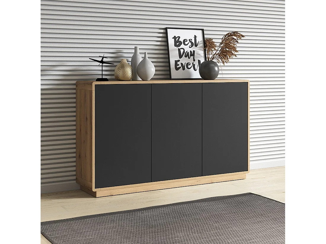 Buffet 3 deuren collectie VILLA. Kleur eiken en mat zwart.