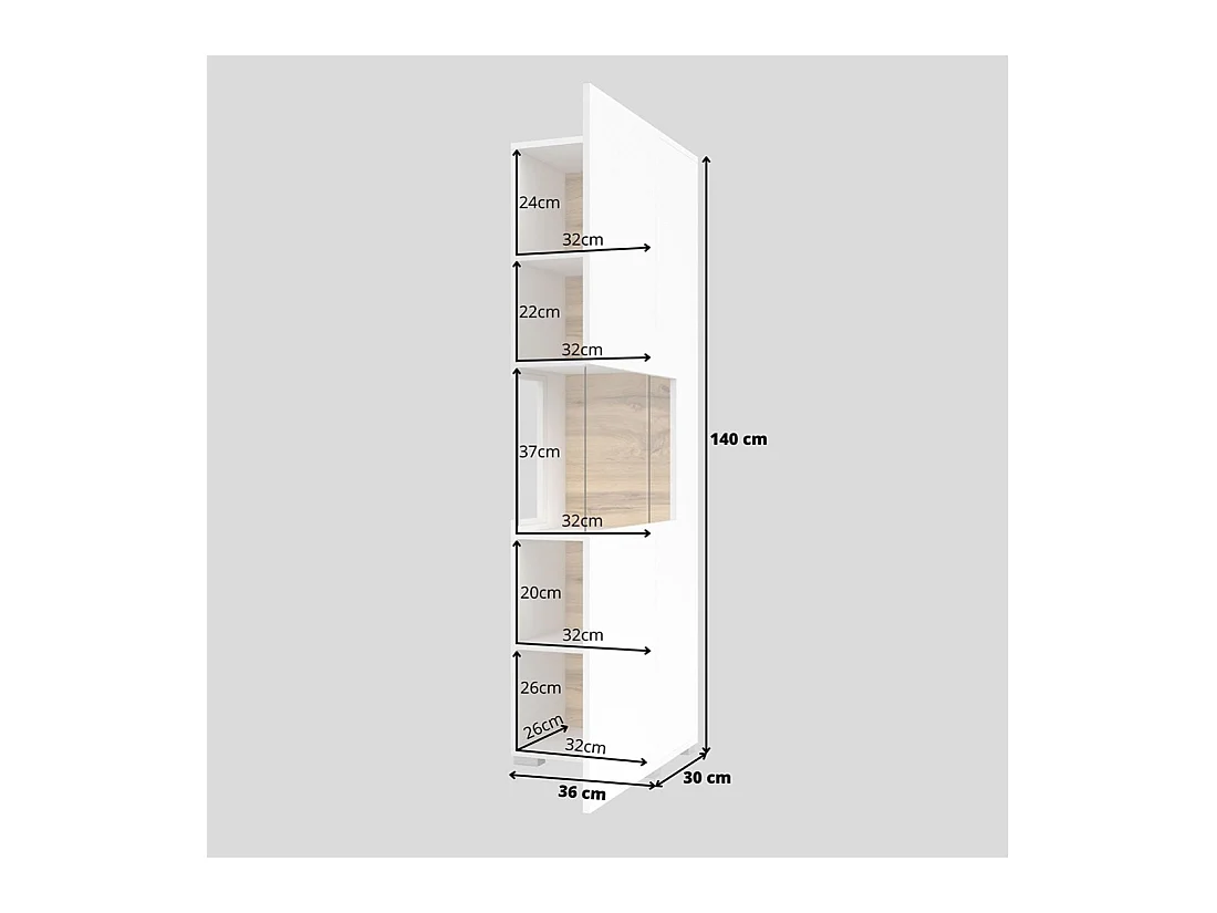 Vitrine mit 1 teilweise verglasten Tür, Kollektion EVA. Farbe Weiß und Eiche.