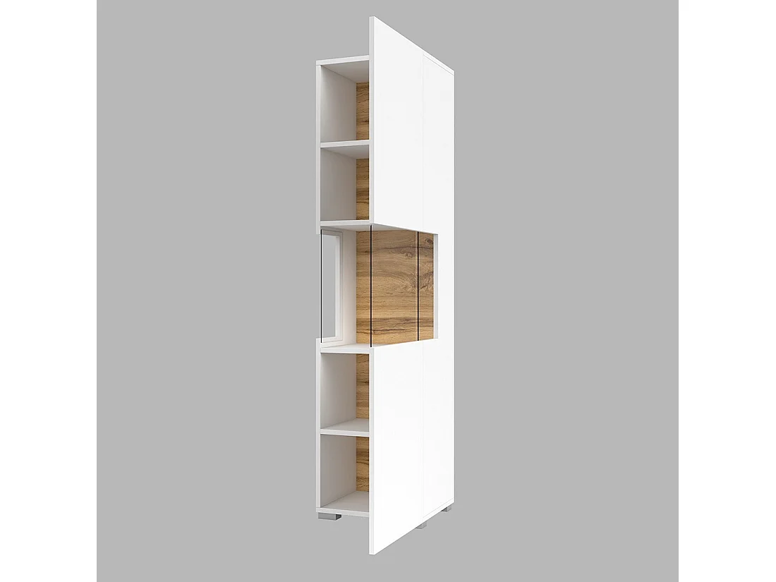 Vitrina de 1 puerta parcialmente acristalada colección EVA. Color blanco y roble.