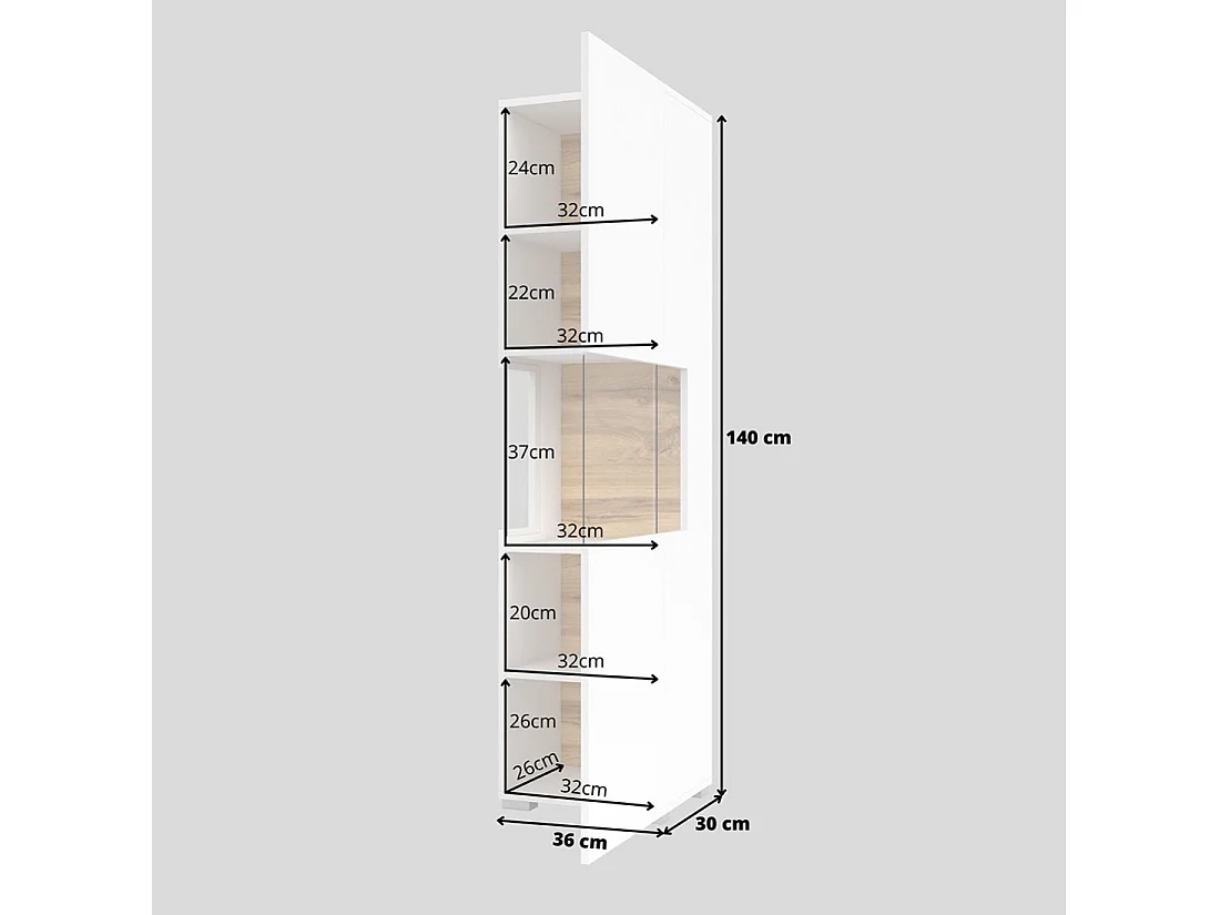 Vitrina de 1 puerta parcialmente acristalada colección EVA. Color blanco y roble.