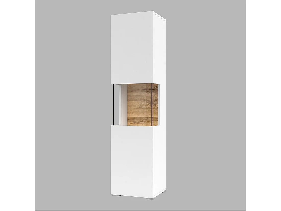 Vitrina de 1 puerta parcialmente acristalada colección EVA. Color blanco y roble.