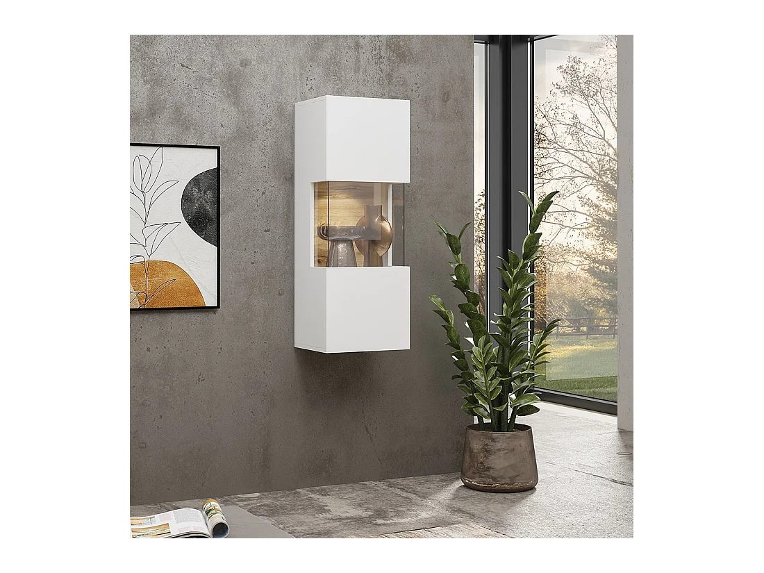 Piccola vetrina sospesa 1 porta parzialmente vetrata collezione EVA. Colore bianco opaco e rovere.