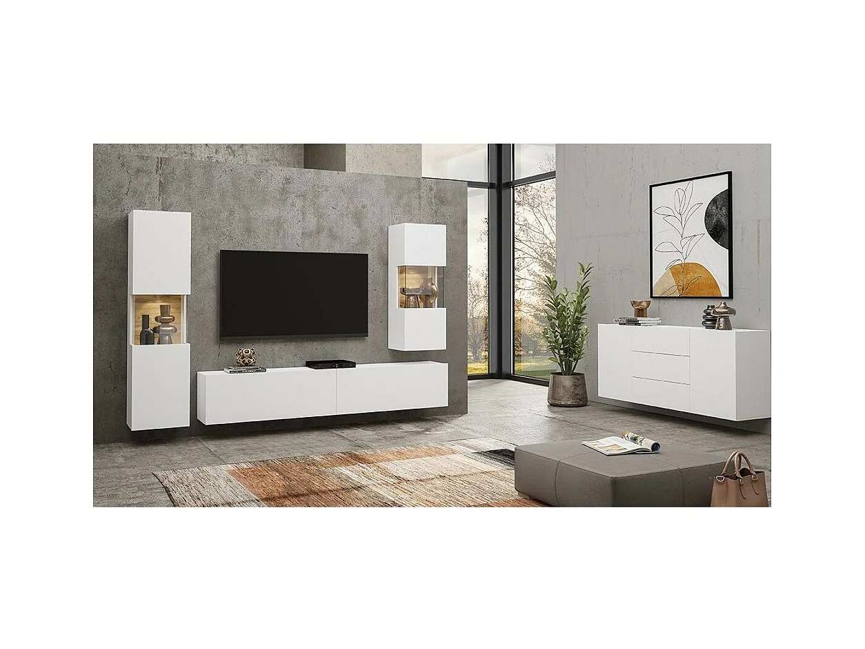 Piccola vetrina sospesa 1 porta parzialmente vetrata collezione EVA. Colore bianco opaco e rovere.