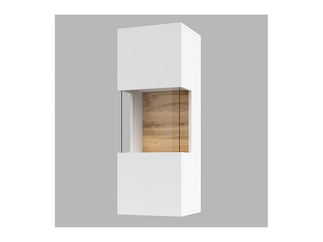 Piccola vetrina sospesa 1 porta parzialmente vetrata collezione EVA. Colore bianco opaco e rovere.