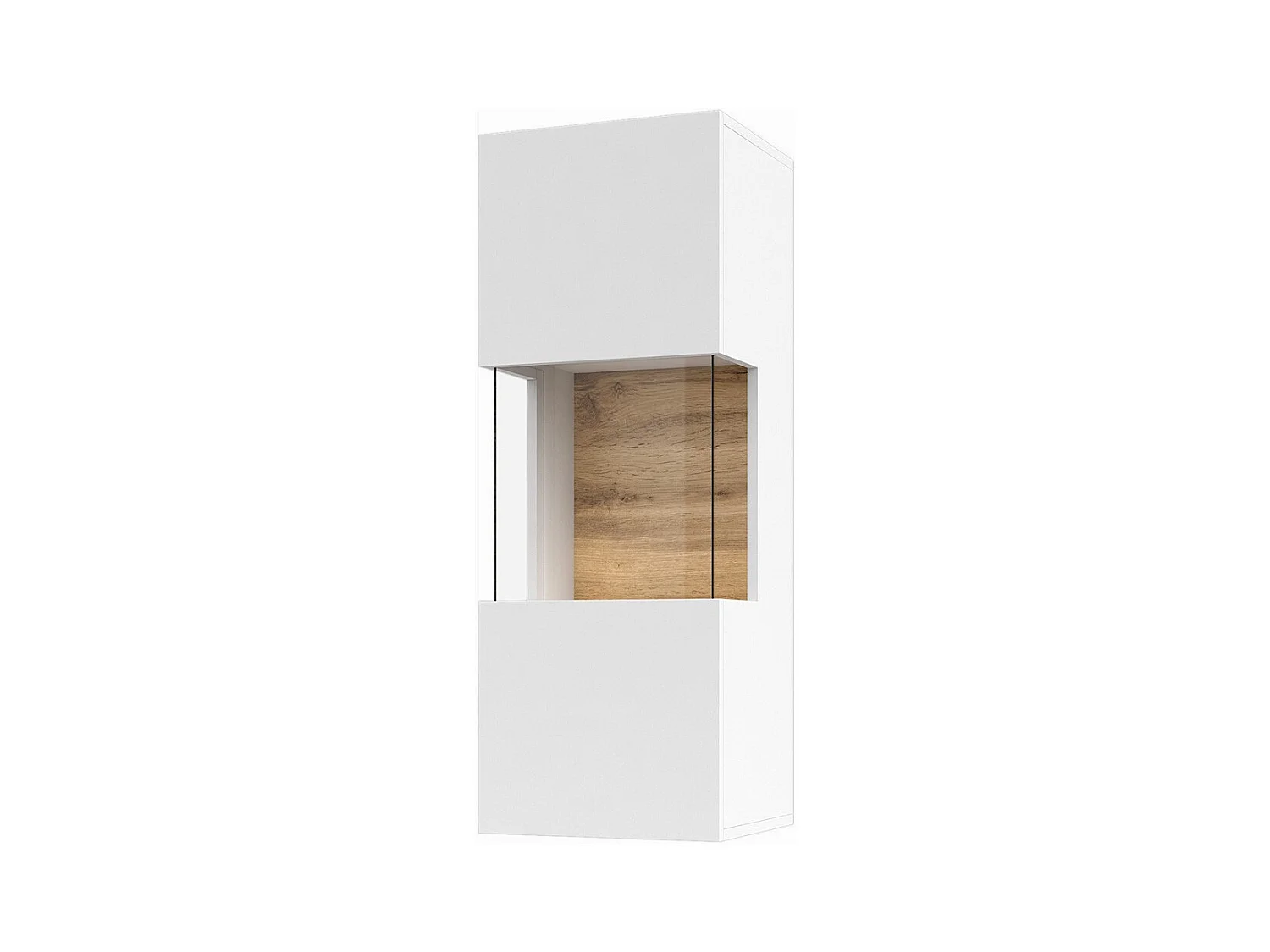 Kleine hangende vitrinekast met 1 deels glazen deur uit de EVA collectie. Kleur mat wit en eiken.