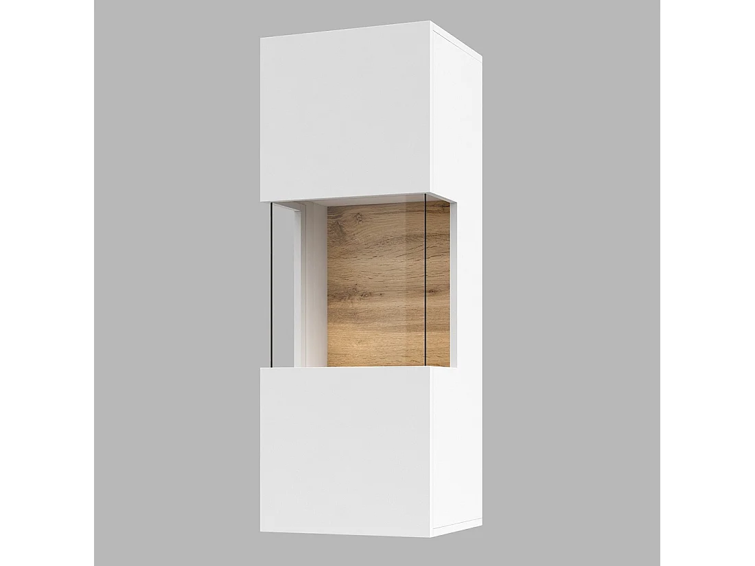 Kleine hangende vitrinekast met 1 deels glazen deur uit de EVA collectie. Kleur mat wit en eiken.