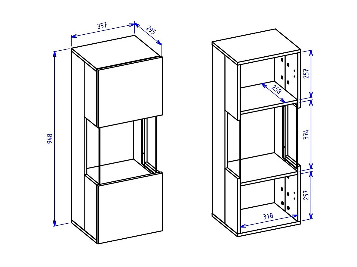 Petite vitrine suspendue 1 porte partiellement vitrée collection EVA. Couleur blanc mat et chêne.
