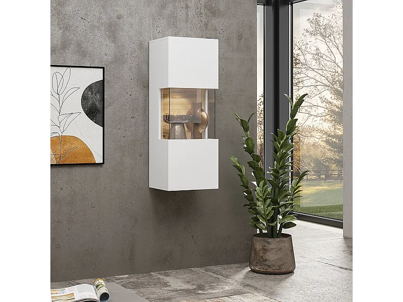 Kleine hangende vitrinekast met 1 deels glazen deur uit de EVA collectie. Kleur mat wit en eiken.