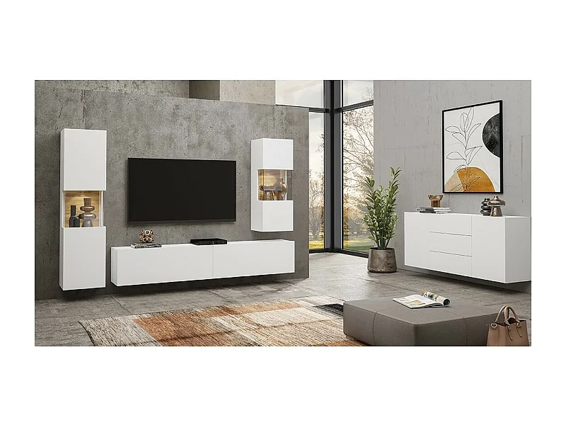 Set von 4 Möbeln für das Wohnzimmer aus der Kollektion EVA. Farbe Weiß und Eiche.