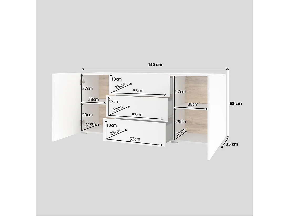Ensemble de 4 meubles de salon collection EVA. Couleur blanc et chêne.
