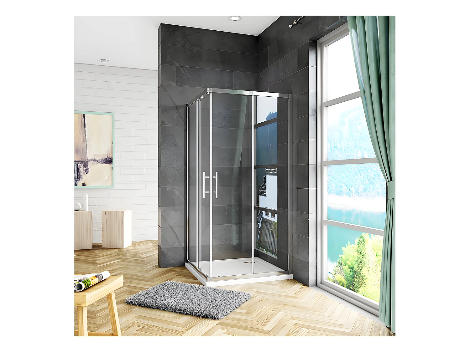 Cabine de douche coulissante 90x90x185cm accès d'angle, cabine de douche carrée avec receveur de douche