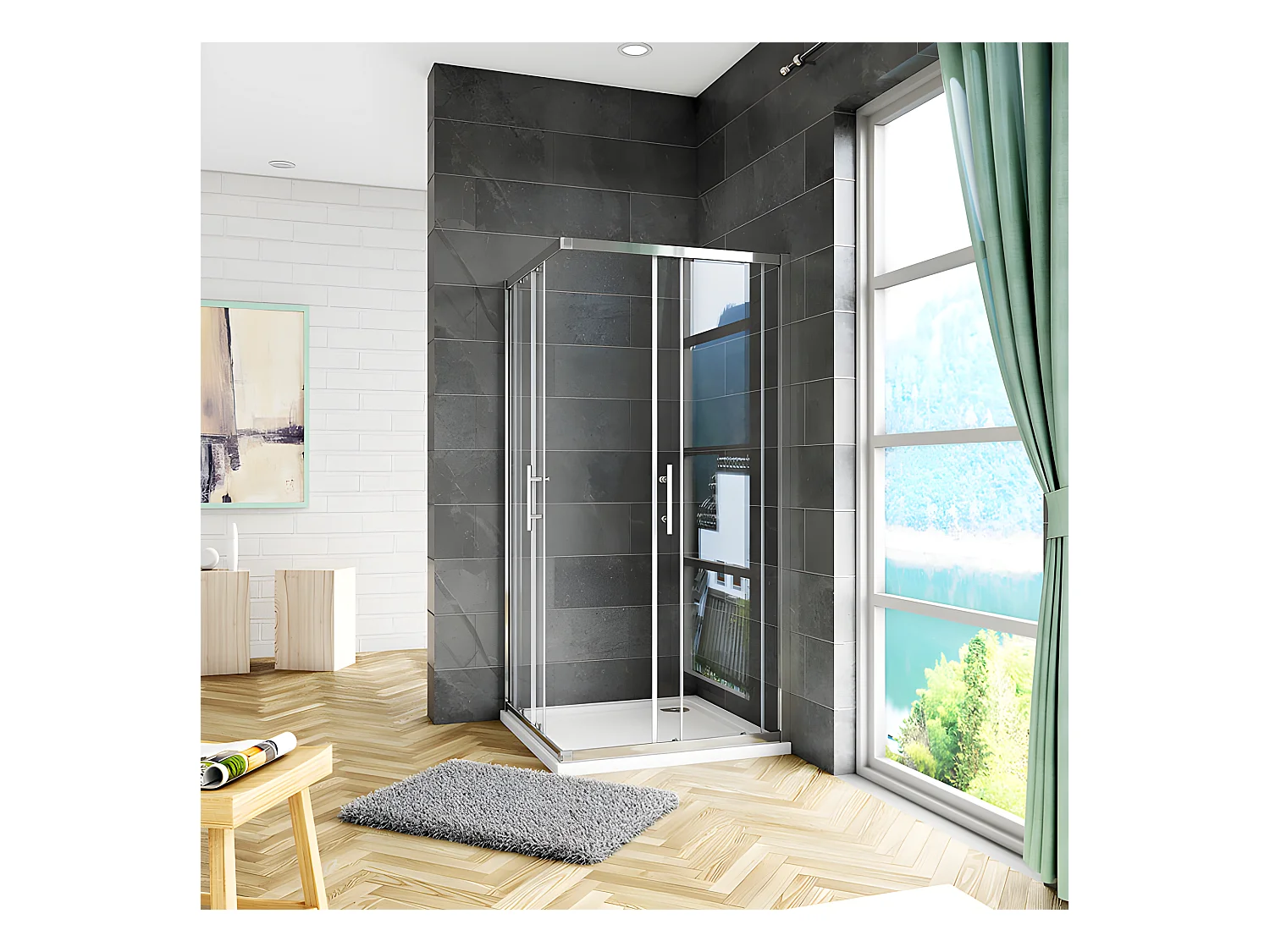 Cabine de douche coulissante 90x90x185cm accès d'angle, cabine de douche carrée avec receveur de douche