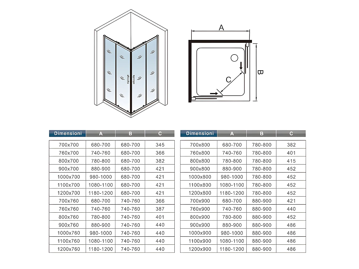 Cabine de douche coulissante 90x90x185cm accès d'angle, cabine de douche carrée avec receveur de douche