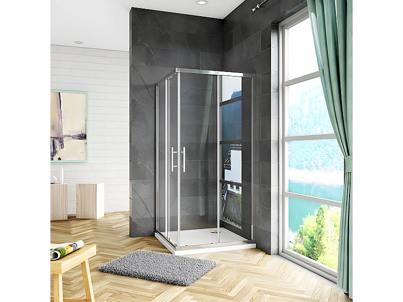 Cabine de douche coulissante 90x90x185cm accès d'angle, cabine de douche carrée avec receveur de douche
