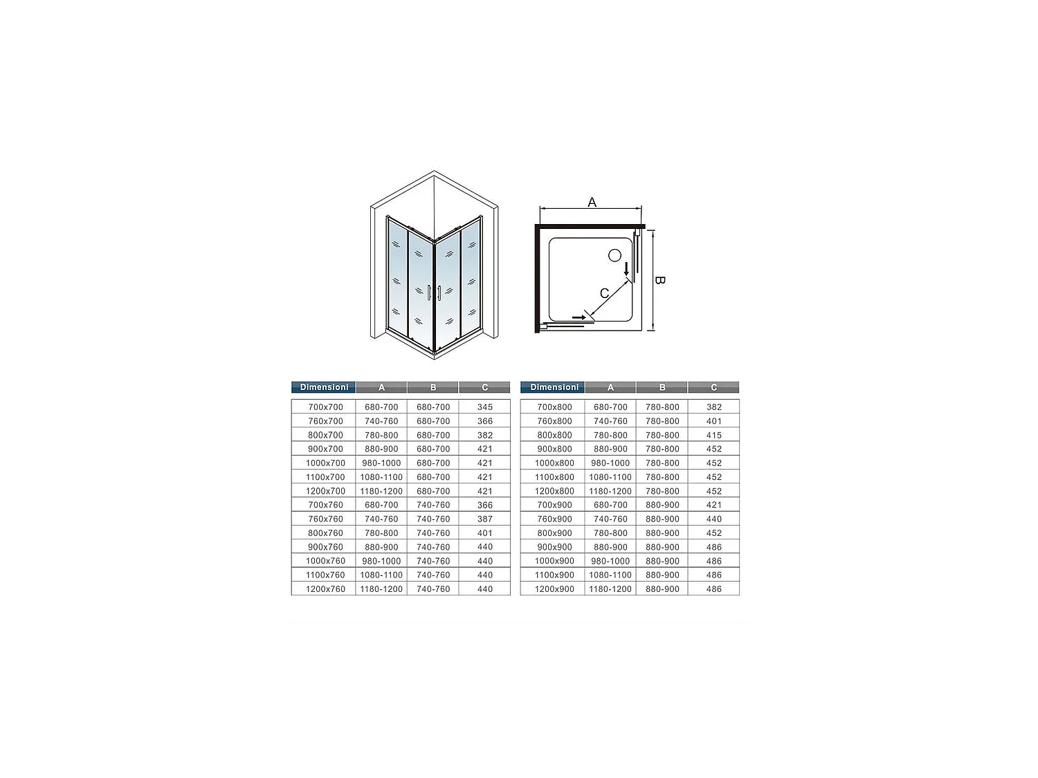 Cabine de douche coulissante 80x80x185cm accès d'angle, cabine de douche carrée avec receveur de douche