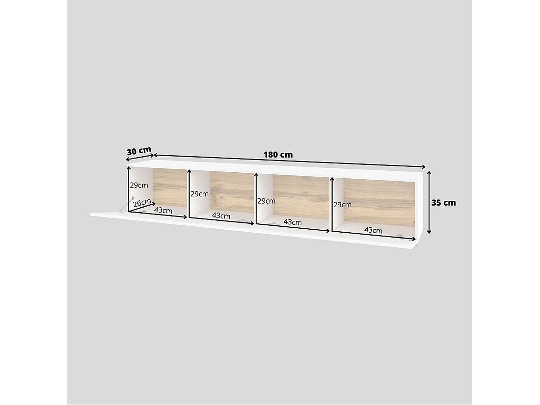 Meuble TV 180cm collection EVA. Couleur blanc et chêne.