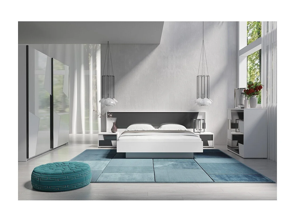 Armoire FULMO 2 portes avec miroirs - Coloris blanc et gris effet béton - 200 x 218 x 65 cm