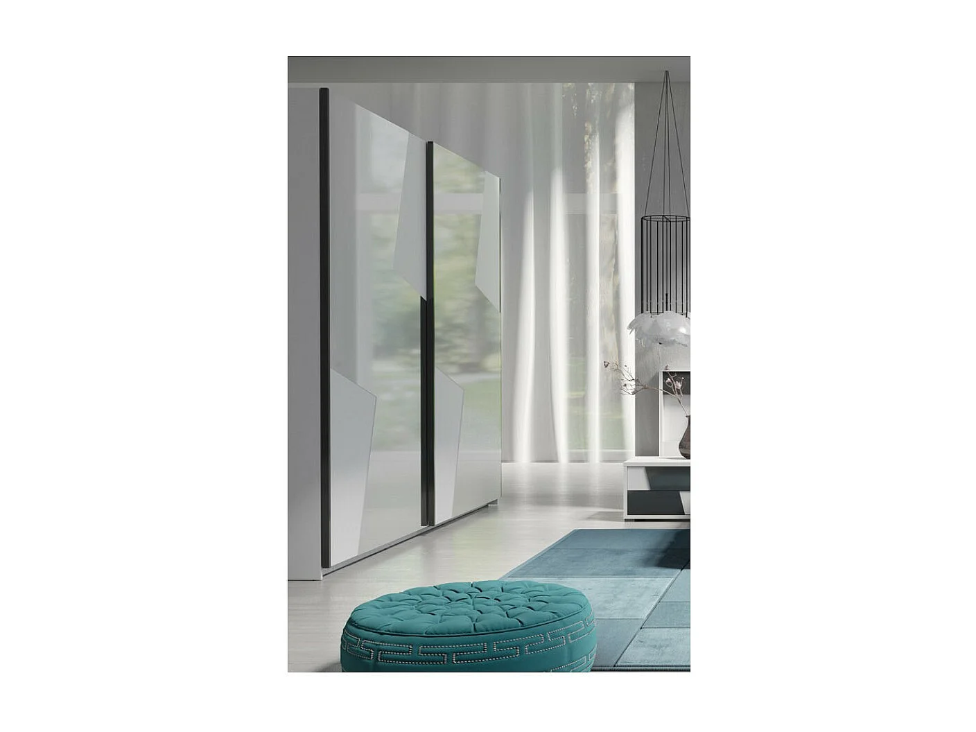 Armoire FULMO 2 portes avec miroirs - Coloris blanc et gris effet béton - 200 x 218 x 65 cm