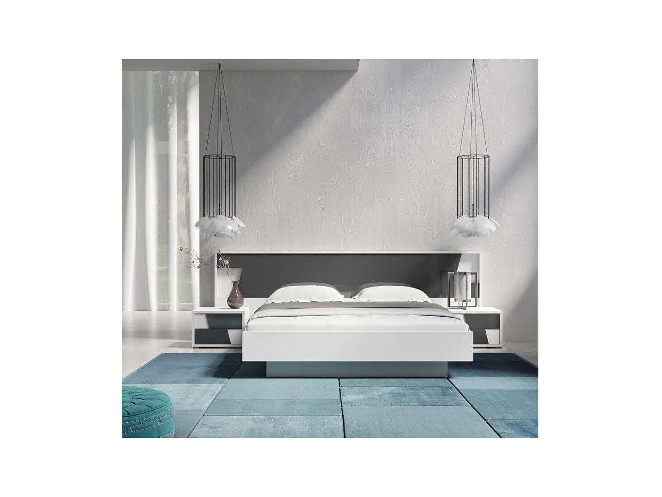 Bett FULMO 160 cm mit Stauraum - Farbe Weiß und Betongrau-Finish - 171 x 92 x 201 cm