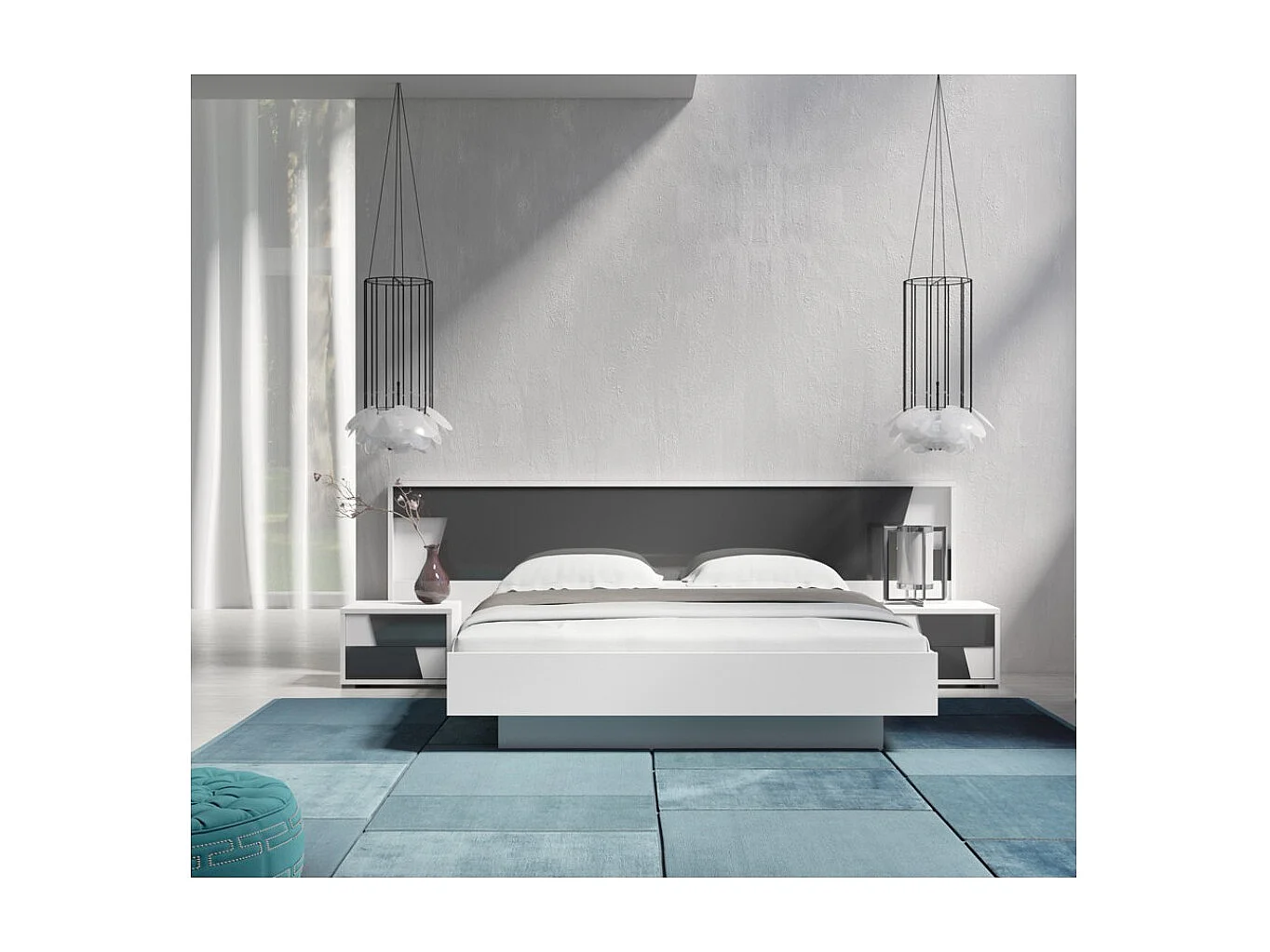 Bett FULMO 160 cm mit Stauraum - Farbe Weiß und Betongrau-Finish - 171 x 92 x 201 cm