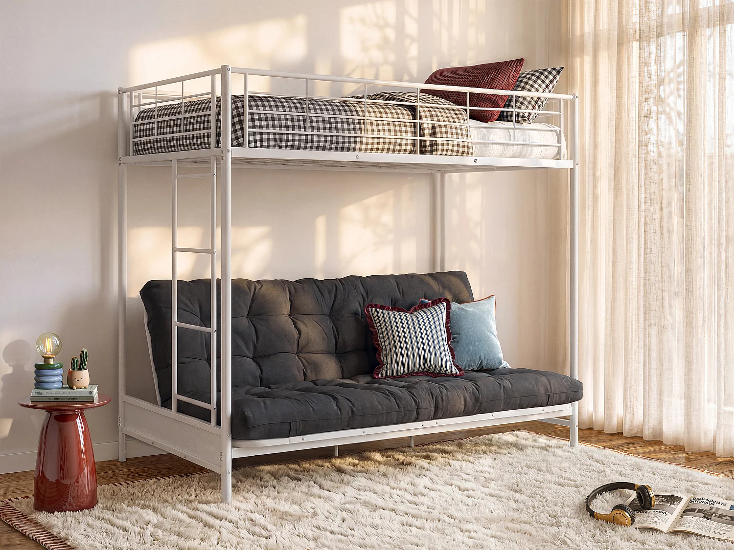 Lit mezzanine 90 x 190 cm - Avec banquette convertible - Métal - Blanc + Futon noir - MODULO V