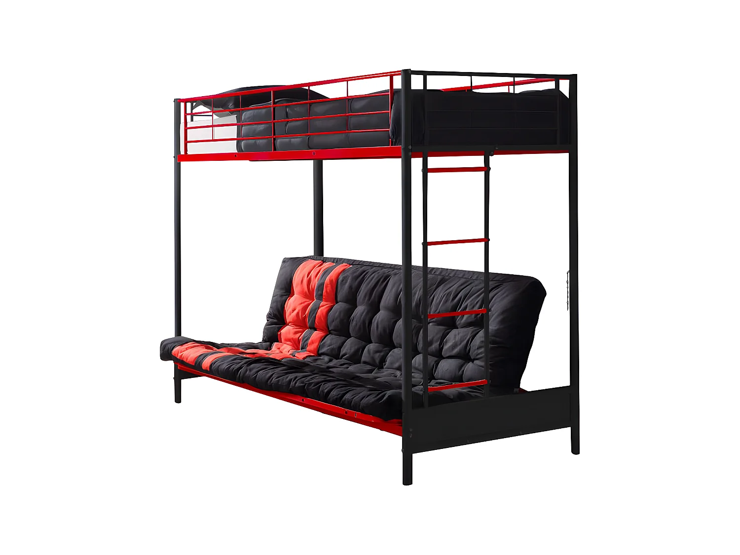 Hoogslaper 90 x 190 cm - Met slaapbank - Metaal - Zwart en rood + Futon - MODULO V