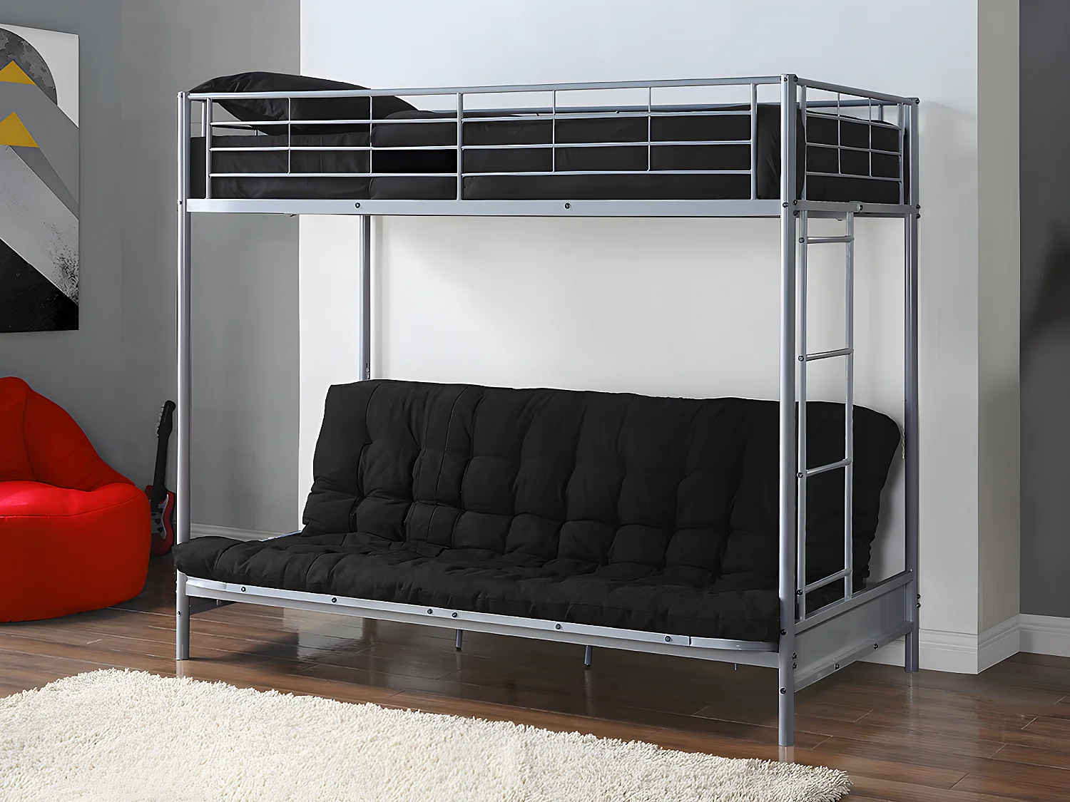 Lit mezzanine 90 x 190 cm - Avec banquette convertible - Métal - Argent + Futon noir - MODULO V