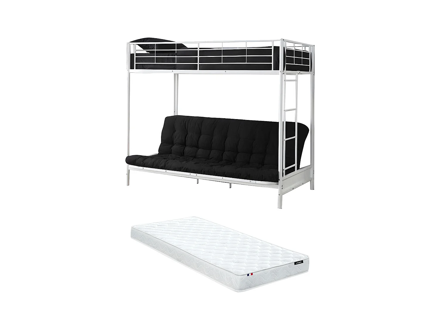 Lit mezzanine 90 x 190 cm - Avec banquette convertible - Métal - Blanc + Futon + Matelas - MODULO V