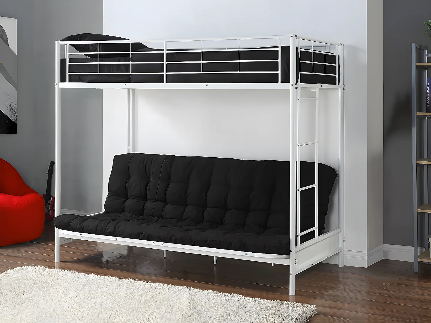 Hochbett mit Schlafsofa mit Matratze + Futonmatratze - 90 x 190 cm - Metall - Weiß - MODULO V