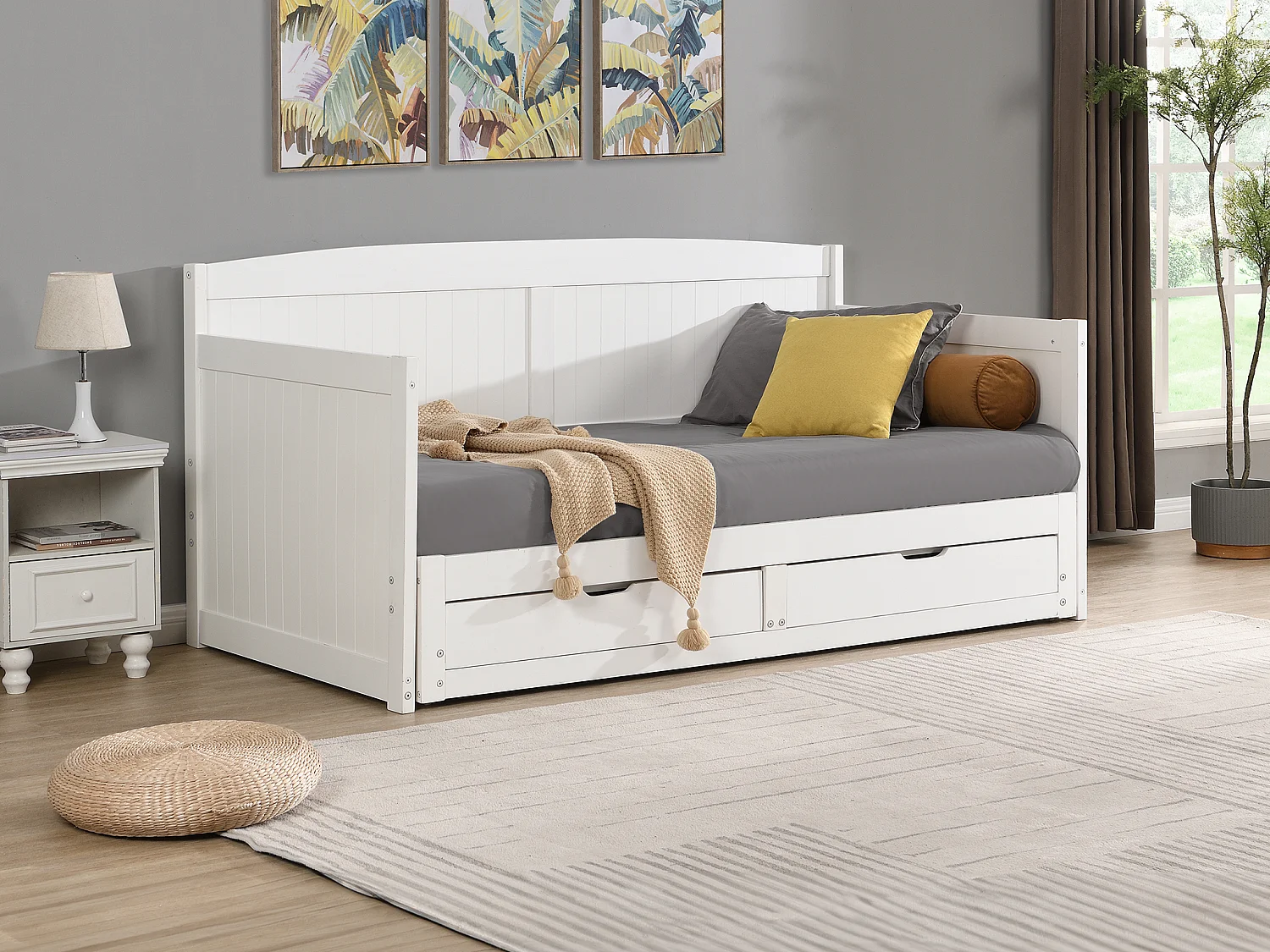 Ausziehbett - 90 x 190 oder 180 x 190 cm - Mit ausziehbarem Lattenrost & Schubladen - Kiefer & MDF - Weiß - DINIVA