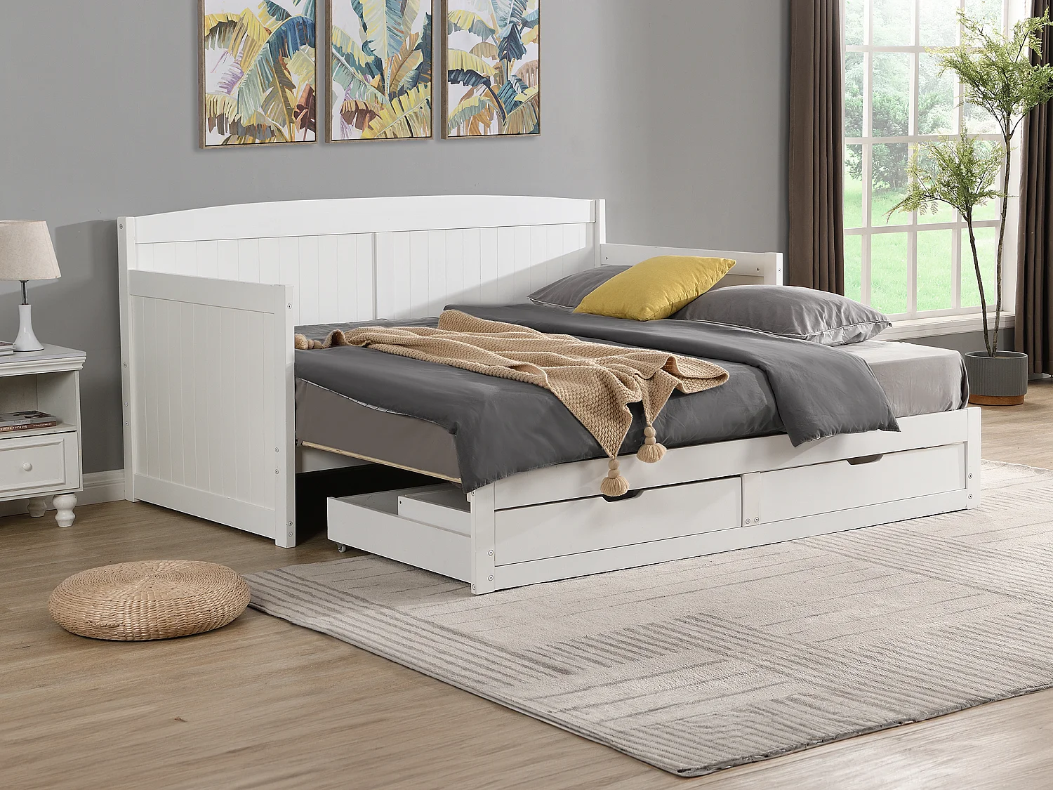Cama nido sofá 90 x 190 o 180 x 190 cm - Con somier de peine y cajones - Pino y MDF - Blanco - DINIVA