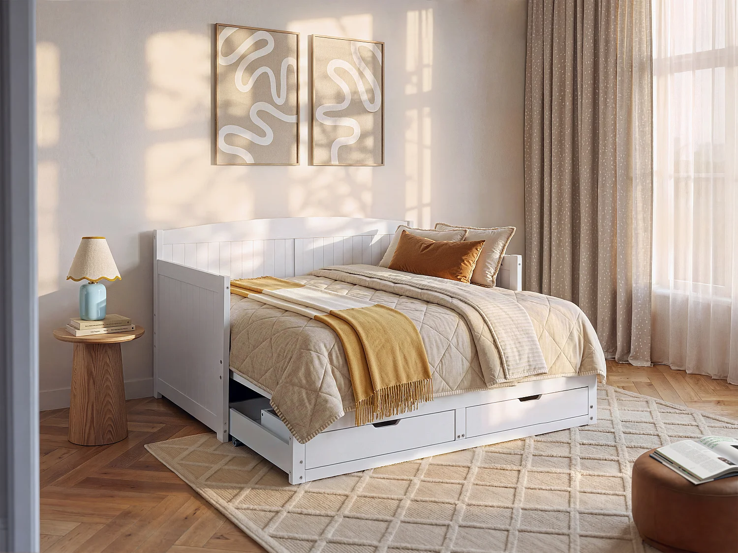 Bäddbanksäng 90 x 190 eller 180 x 190 cm - Med ribbottnar och lådor - Tall och MDF - Vit - DINIVA
