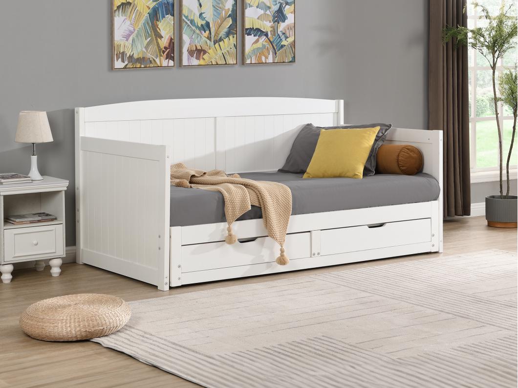 Lit gigogne banquette 90 x 190 ou 180 x 190 cm - Avec sommier peigne et tiroirs - Pin et MDF - Blanc - DINIVA