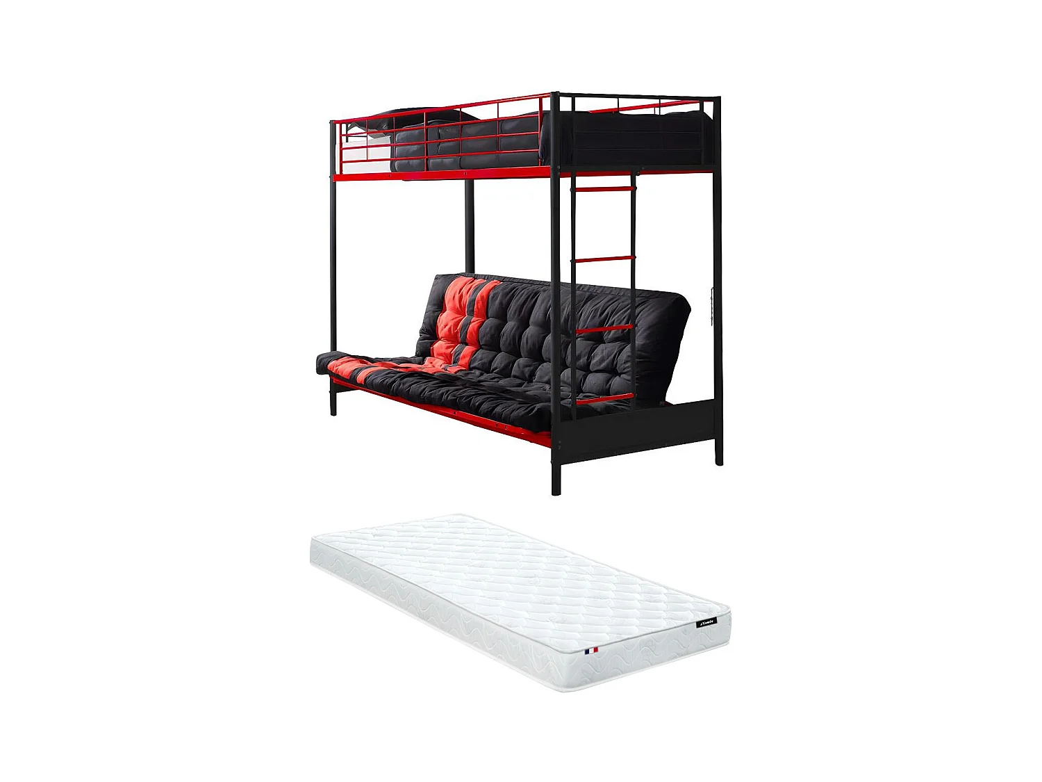 Łóżko na antresoli 90 x 190 cm - Z rozkładaną kanapą - Metal - Kolor czarny + czerwony + futon - MODULO V