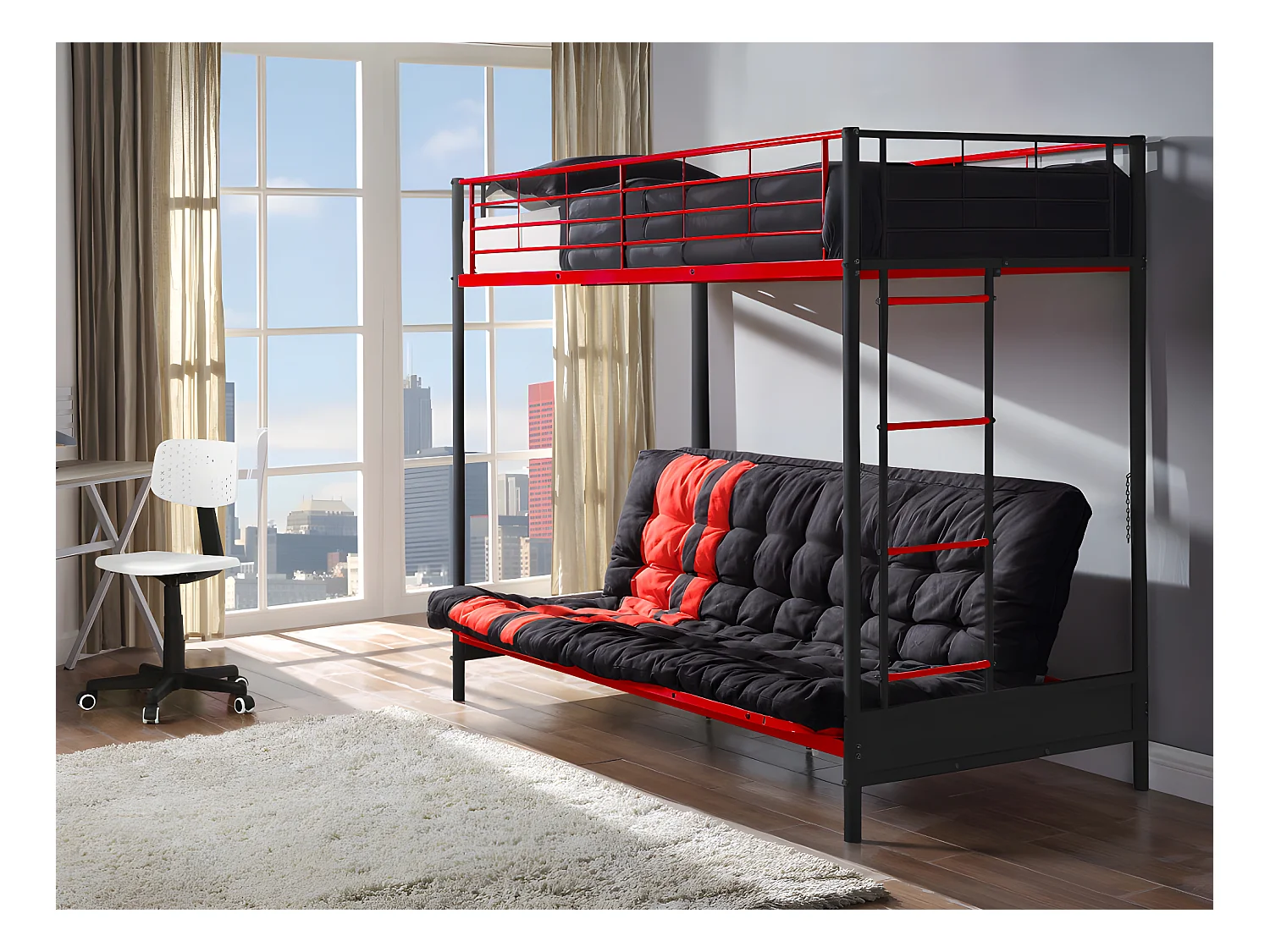 Łóżko na antresoli 90 x 190 cm - Z rozkładaną kanapą - Metal - Kolor czarny + czerwony + futon - MODULO V